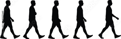 Silhouette sequence of man walking, black figure in motion, walking cycle animation reference, side view, isolated on white background.
