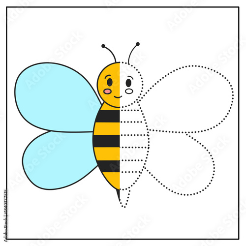 Half-colored bee worksheet for kids. Trace and color activity to improve fine motor skills, creativity, and early drawing ability. Perfect for insect-themed preschool printables.