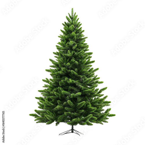 A tall green Christmas tree stands alone on a white background