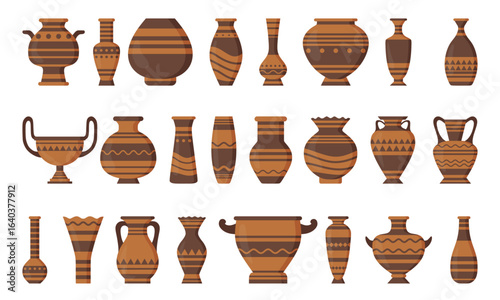 Clay Pot Ancient Greek Vase set collection, Logos with Greek antiquity urns, Old Roman handmade clay pots, Old pottery set, Ceramic archaeological pot, ceramic earthenware, Ancient Amphora boho