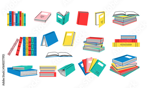 Read more books. Set for book lovers. Various books, stack of books, notebooks. Hand drawn educational vector illustration. Flat design. Cartoon style. Everything is isolated