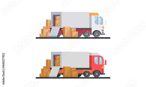 Unloading or loading trucks. Shipping cargo delivery, export or import, transportation and logistic, flat vector illustration
