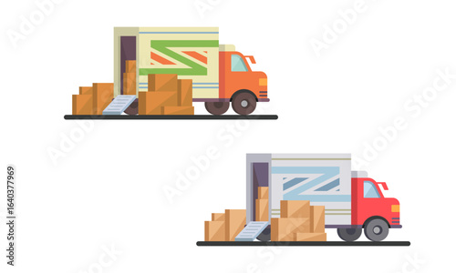 Unloading or loading trucks. Shipping cargo delivery, export or import, transportation and logistic, flat vector illustration