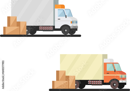 Unloading or loading trucks. Shipping cargo delivery, export or import, transportation and logistic, flat vector illustration