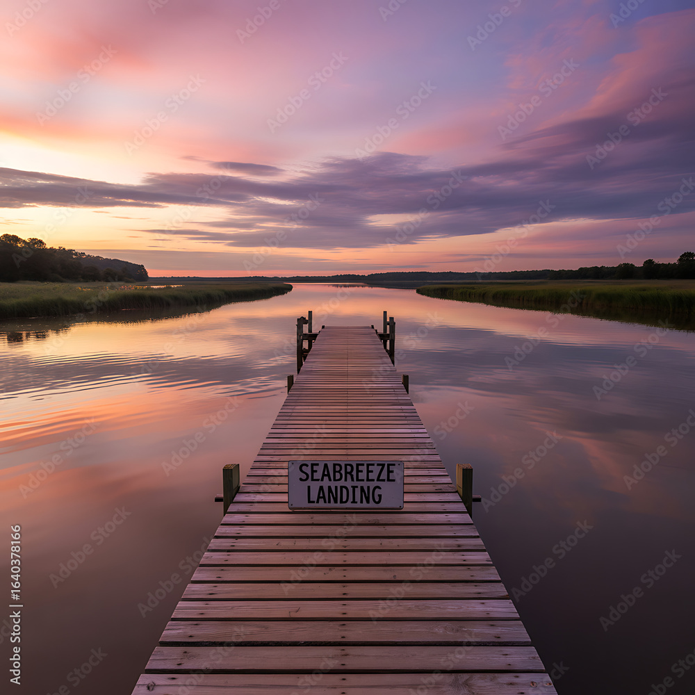 Fototapeta premium A calm, wooden pier extends into the tranquil lake, its weathered planks reflecting the vibrant colors of the summer sunset sky