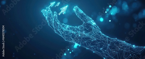 Abstract digital businessman hand holding rising arrows in futuristic style. Successful business and growth strategy concept. Low poly wireframe 3D illustration on technological blue background