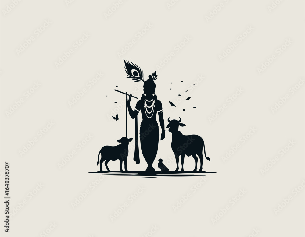 Fototapeta premium Black Vector Logo of Krishna with Cow and Calf Silhouette