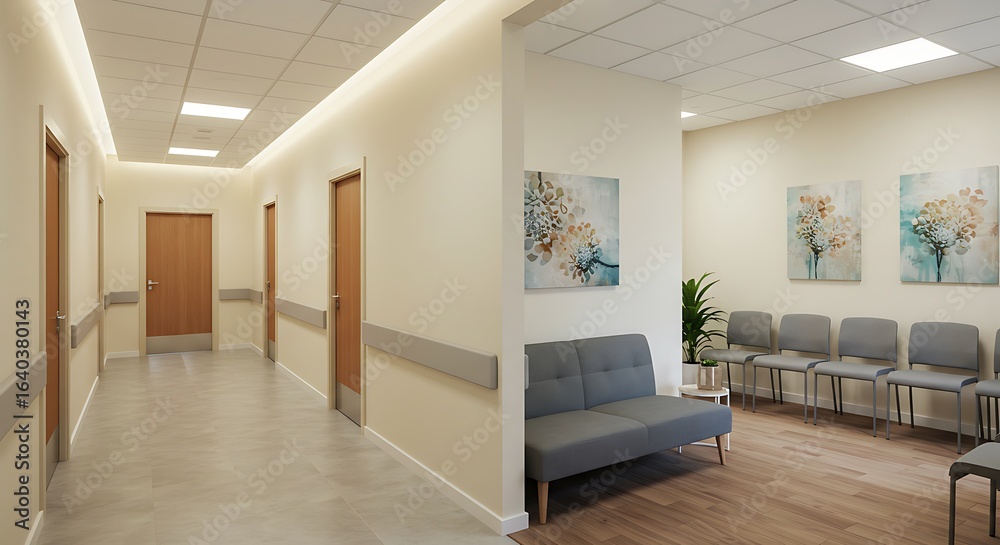 Fototapeta premium The corridor of the clinic with a waiting area at the doctor's office. Soft comfortable sofa.