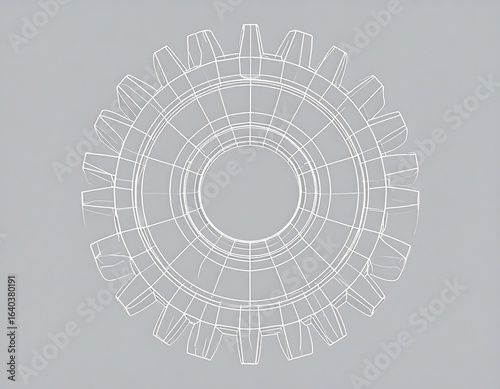 White Wireframe Gear on Gray Background: A Mechanical Concept Visualization