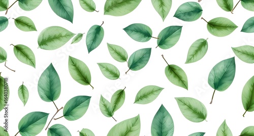 Fresh green leaves scattered beautifully on a white surface create a calming, organic, and natural ambiance