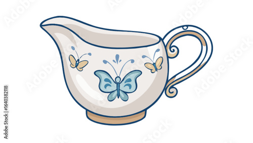 Illustration of vintage porcelain gravy boat with butterfly design for kitchen and tableware decor