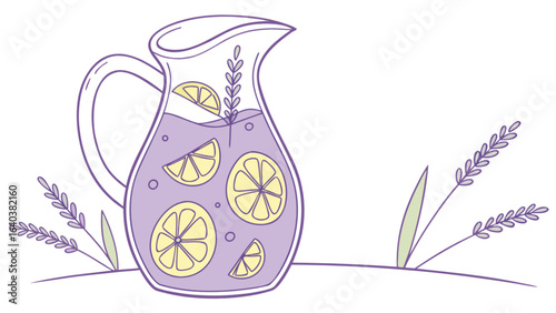 Lavender lemonade recipe illustration, summer drink, pitcher, fresh, homemade, refreshing beverage image