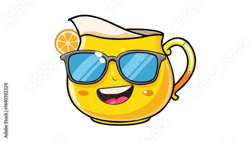 Cartoon lemonade pitcher with sunglasses vector illustration summer drink refreshing beverage design