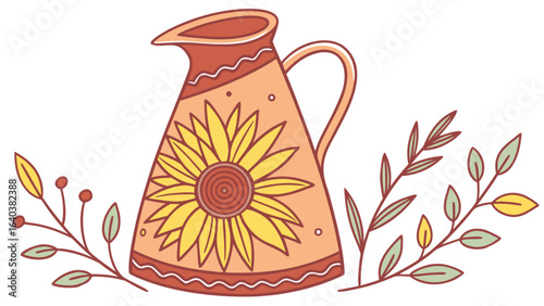Vintage sunflower pitcher illustration vector art farmhouse kitchen decor floral jug drawing design