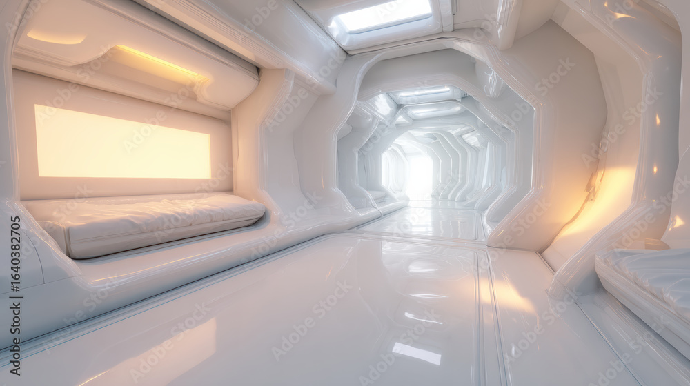 Obraz premium Futuristic white corridor with soft lighting and cushioned seating