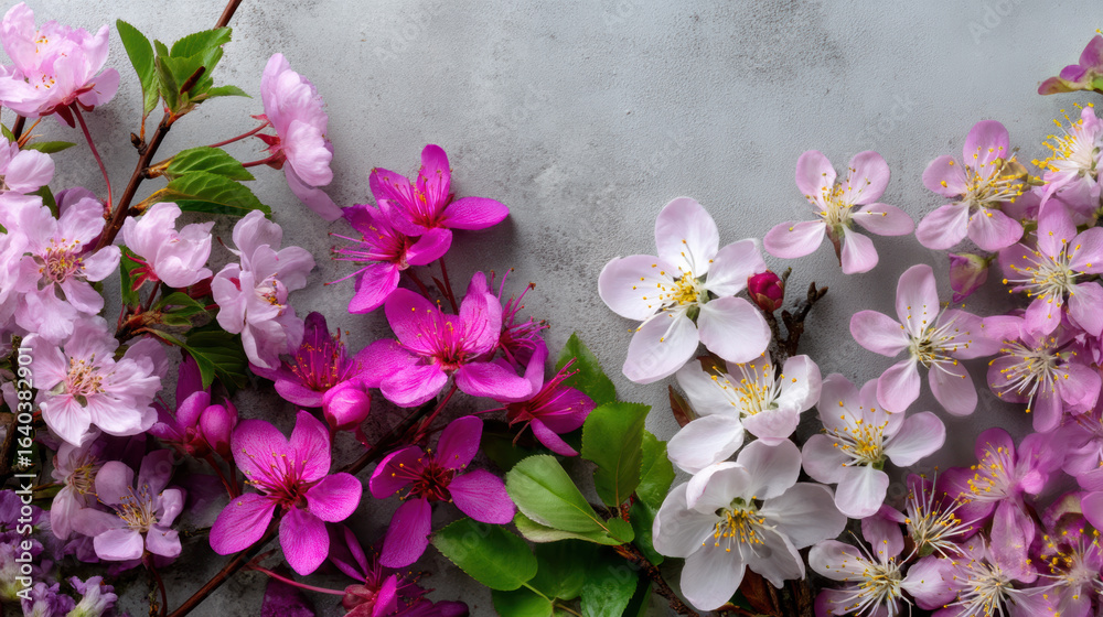 Naklejka premium Pink and white spring flowers with green leaves on gray background