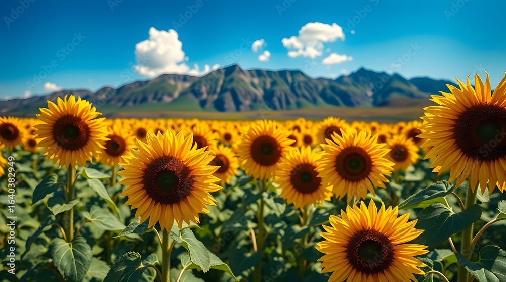 Fototapeta premium Sunflowers bloom in a field against a backdrop of mountains and blue sky, creating a picturesque summer landscape