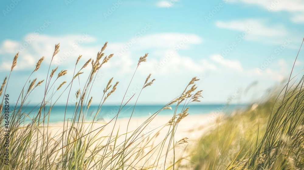 Obraz premium Grass swaying in the wind on a sandy beach with a clear blue sky in the background.