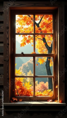 Rustic autumn window, wood frame, blank space, window, rustic