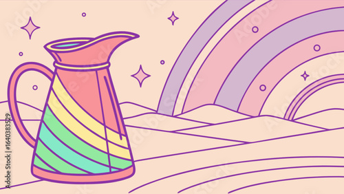 Pastel rainbow landscape with pitcher illustration for dreamy home decor and whimsical art prints