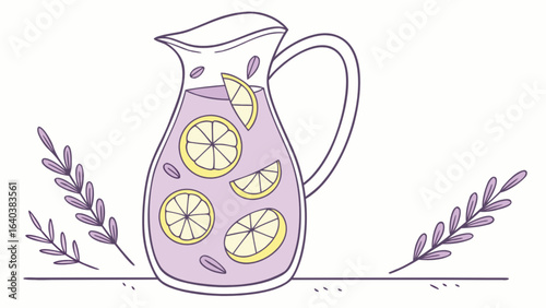 Lavender lemonade pitcher illustration with lemon slices and lavender sprigs summer drink concept art
