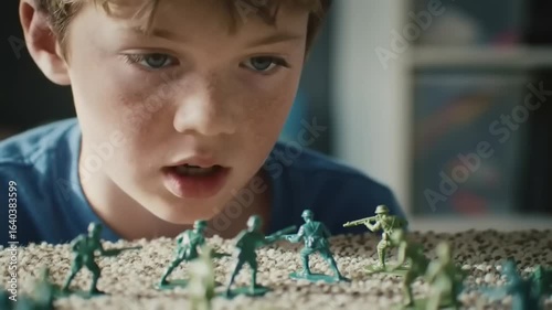 Young boy intently observing green toy soldiers on a textured surface in a cozy indoor setting
