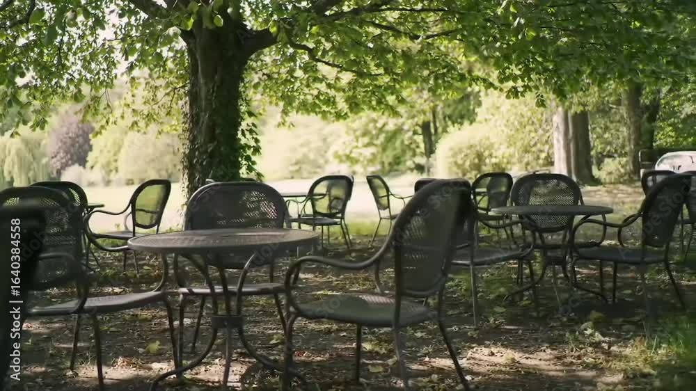 Empty outdoor caf? seating under a lush tree canopy in a serene park, inviting relaxation and conversation Empty outdoor caf? seating under a lush tree canopy in a serene park, inviting relaxation and conversation