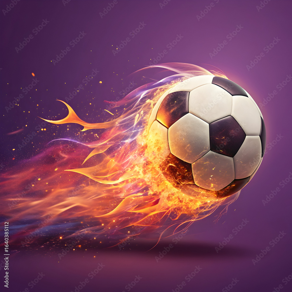 Naklejka premium Soccer ball with a vibrant flame trail and abstract energy streaks against a solid purple background