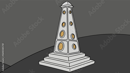 Illustration of a white obelisk tower with gold accents on a dark gray landscape background design art