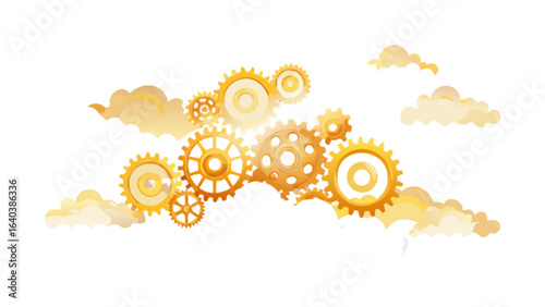Golden gears and cogs mechanism floating in the clouds concept for technology and engineering design theme