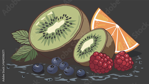 Fresh fruit still life drawing kiwi orange raspberries and blueberries healthy eating vibrant colors artwork