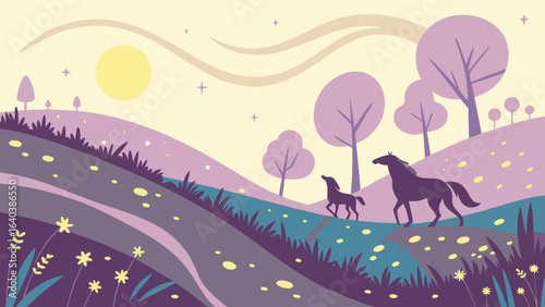 Horse landscape vector art illustration with mother and foal in nature scenic background for design projects