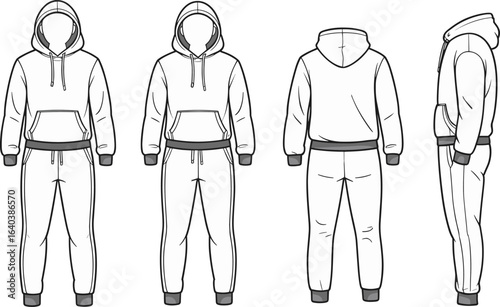 Blank hoodie and sweatpants template, front back side view, apparel mockup, fashion design, clothing illustration, sportswear outfit, casual wear