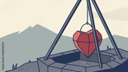Heart well wishing love romantic valentine day gift present surprise mountain landscape art illustration