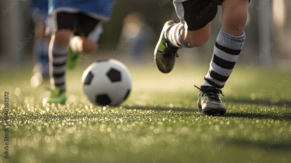 Obraz premium Children playing soccer on a field, focusing on the ball and their feet, showcasing movement and a joyful outdoor activity.