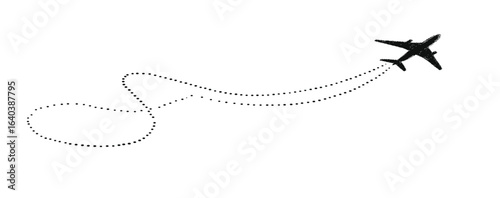 Airplane silhouette flying along a dotted line flight path. A graphic icon of a jet leaving a looped trail, symbolizing travel, journey, and destination.