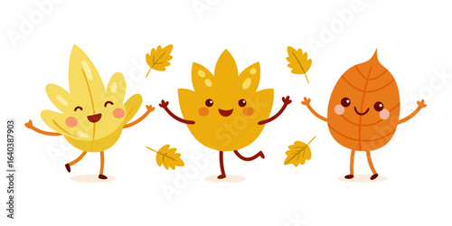 Happy cartoon leaves, dancing joyfully in autumn colors, surrounded by falling foliage, embodying the cheerful spirit of the season and celebrating the arrival of autumn vibes
