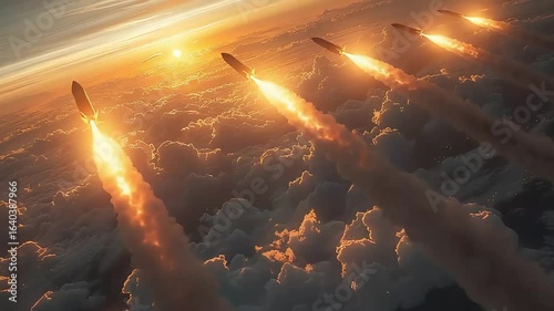 view of several ballistic missiles in the sky footage