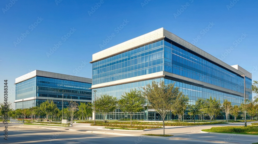Obraz premium Two modern office buildings with glass exteriors and blue sky in the background.