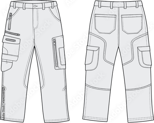Cargo work pants flat sketch, technical fashion illustration, utility trousers design template, front and back view, apparel manufacturing, clothing vector blueprint
