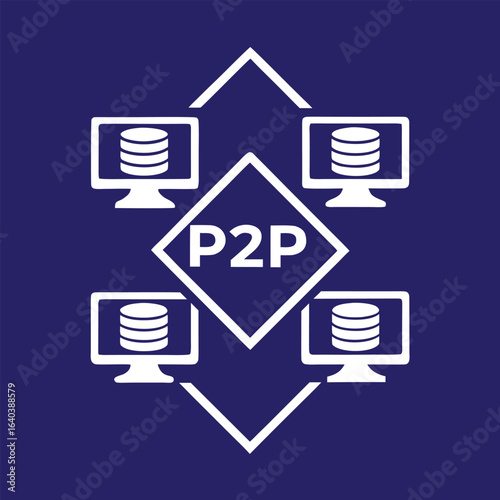 Bold flat design of P2P icons symbolizing secure data transfer and distributed communication systems. Peer to peer network (P2P icons) silhouette vector icon illustration on white background