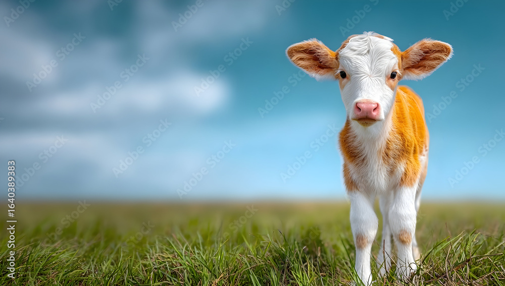 Obraz premium A cute calf stands in a lush green field under a bright blue sky, showcasing the beauty of rural life and nature.