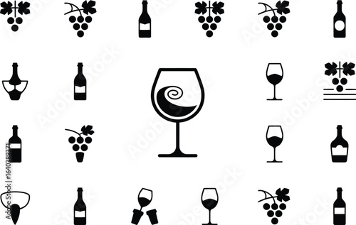 Wine bottles and grapes icons