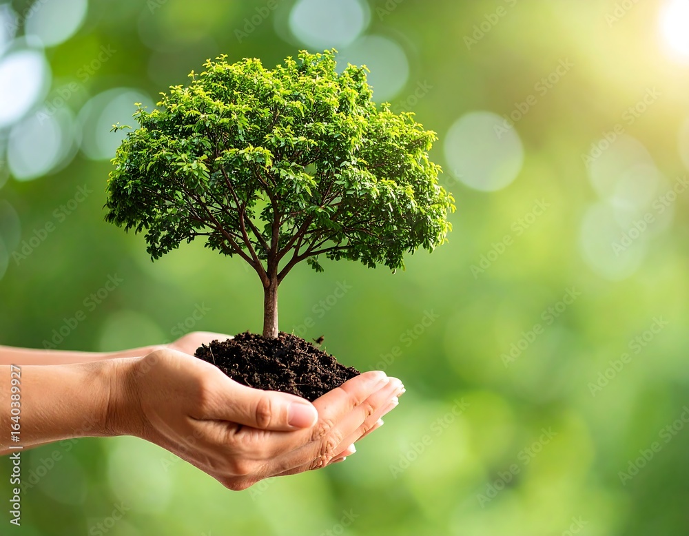 Hands holding a small tree on bokeh green nature background symbolizing growth Hands holding a small tree on bokeh green nature background symbolizing growth