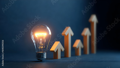A glowing light bulb symbolizes innovation and growth, with upward arrows reflecting success and progress in the business world.