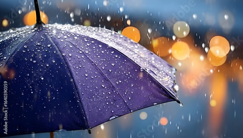 A close-up view of a purple umbrella covered in raindrops against a backdrop of blurred city lights, creating a cozy, rainy atmosphere.