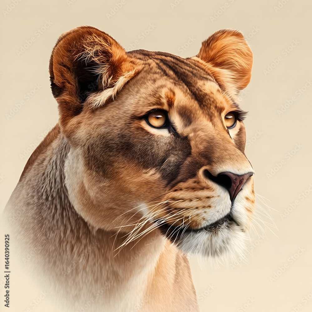 Naklejka premium A majestic lioness portrait, showcasing her powerful presence and striking gaze against a neutral backdrop.