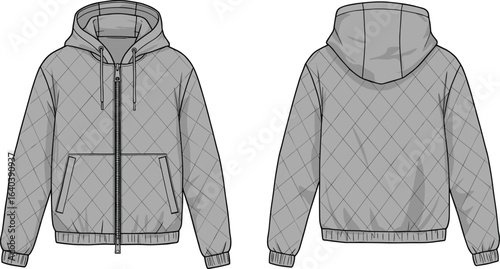 Quilted zip up hoodie template, front and back view, casual winter jacket design, vector fashion mockup, clothing illustration for designers, apparel sketch
