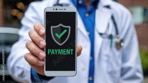 Doctor shows smartphone screen with secure payment icon and text, symbolizing healthcare finance safety