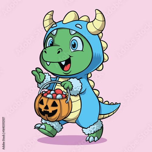 Cute Dino Trick-or-Treater in Monster Costume